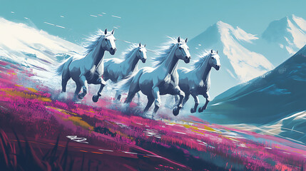 White Horses Galloping Across Pink Mountain Meadow