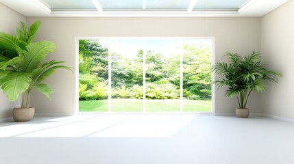 Fototapeta premium Bright, airy room with large windows and indoor plants.