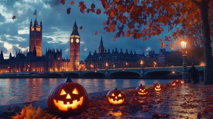 Halloween Scene with Jack-o'-Lanterns, Twilight in London, Victorian Style, Pumpkin Festival Decoration