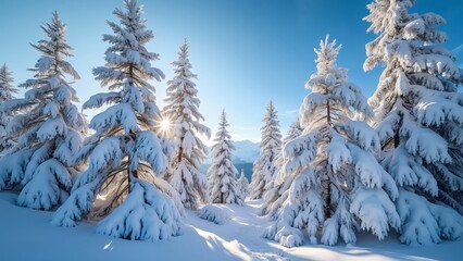Obraz premium Majestic Snow-Covered Pine Trees in Carpathian Mountains, Panoramic Winter Wonderland