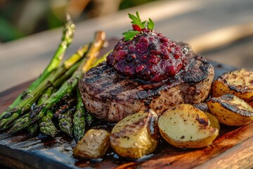 A grilled steak topped with a berry sauce, served with roasted potatoes and grilled asparagus
