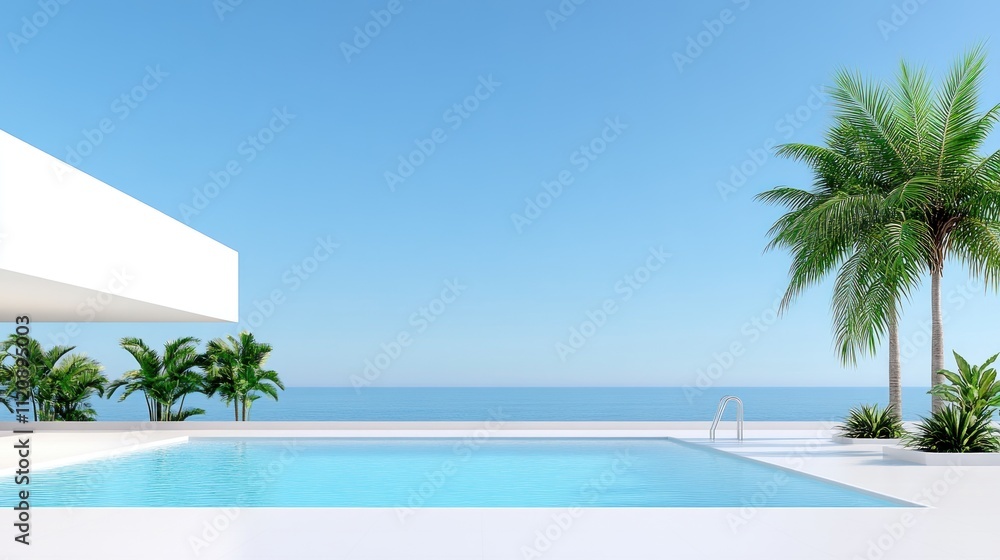 Poster modern poolside scene with ocean view and palm trees.