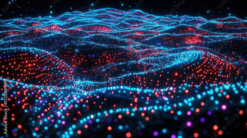 Poster a vibrant, abstract landscape of glowing dots and lines representing data or connectivity.