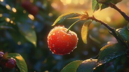 Obraz premium A dewy cherry glistens in the sunlight, surrounded by lush green leaves, capturing summer's sweetness.