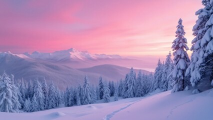 Panoramic Pink Sunrise Winter Wonderland, Snow-Covered Mountains, Majestic Pine Trees, and Breathtaking Scenic View