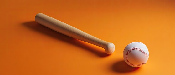 Baseball bat and ball on orange background.
