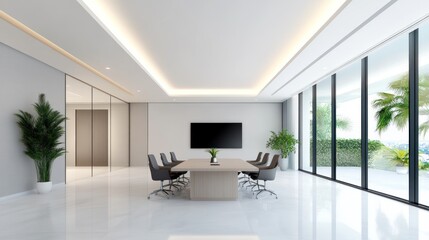Fototapeta premium Modern conference room with a large table and glass walls.