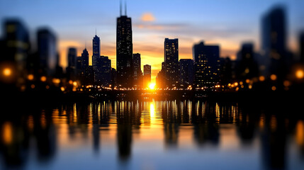 Fototapeta premium Blurry Chicago cityscape at sunset with reflection on water