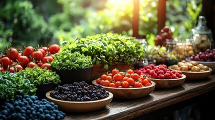 Fototapeta premium A Vibrant Display of Freshly Harvested Fruits and Vegetables in Rustic Setting with Sunlight Illuminating the Bounty of Nature’s Produce