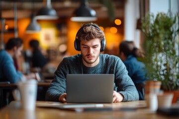 Obraz premium Young entrepreneur focused on laptop in bustling modern office