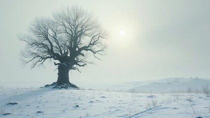 Fototapeta premium Majestic Leafless Tree in Snowy Winter Landscape - Serene Winter Scene