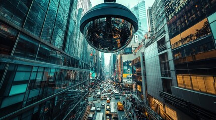 Obraz premium A lively urban landscape showcasing a surveillance camera and futuristic digital elements, surrounded by skyscrapers and busy streets.