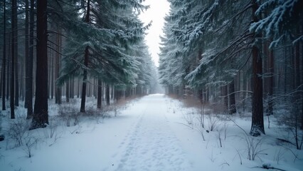 Serene Winter Path, Snow-Covered Forest Trail Through Majestic Pine Trees