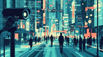 Obraz premium A lively urban landscape showcasing a surveillance camera and futuristic digital elements, surrounded by skyscrapers and busy streets.