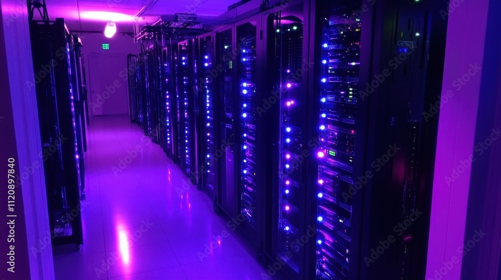 Poster a modern data center with glowing leds and advanced racks symbolizes tech precision and innovation.