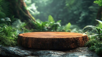 Fototapeta premium Round Wooden Podium Placed on Ground Surrounded by Lush Greenery in Outdoor Forest Setting with Soft Natural Lighting