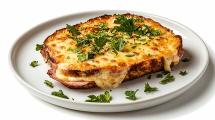 A deliciously cheesy baked dish on a plate, garnished with fresh herbs, showcasing golden-brown crust and melted cheese.