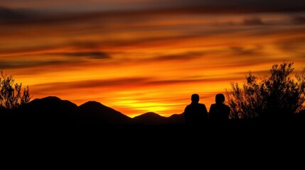 Fototapeta premium Ephemeral beauty Concept. A serene sunset scene captures two silhouettes against vibrant orange and purple skies, framed by mountains and brush, evoking tranquility and connection.