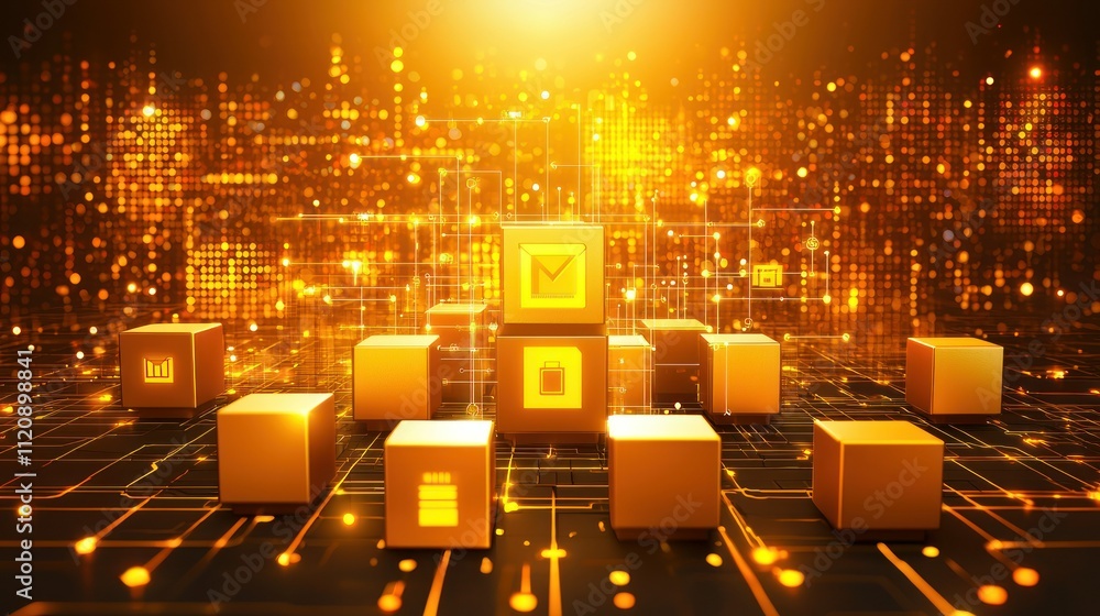 Poster digital cubes with icons against a glowing background, symbolizing technology and data.
