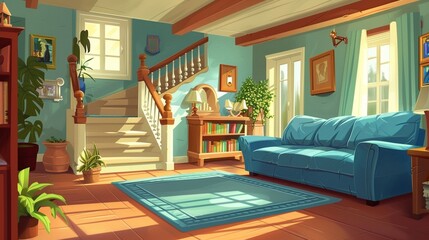 Cozy cartoon-style living room with vibrant furniture and decor.