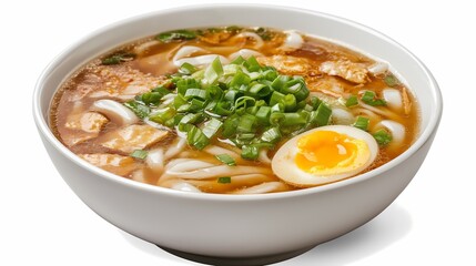 A steaming bowl of flavorful noodle soup topped with chopped green onions and a soft-boiled egg, perfect for a comforting meal.