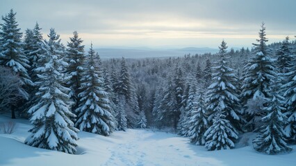 Naklejka premium Panoramic Snowy Pine Forest, Winter Wonderland Landscape Photography