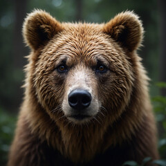 Obraz premium Grizzly bear looking at camera with a curious expression in a lush green forest