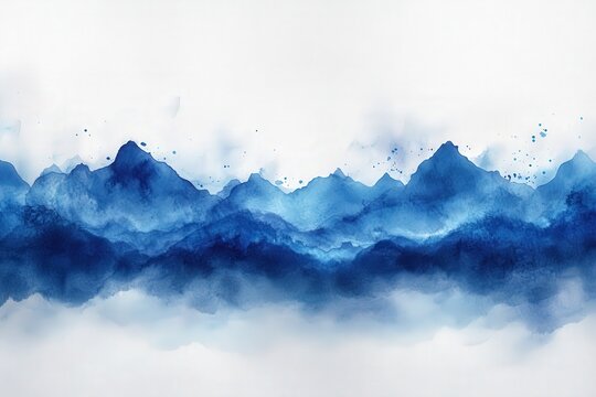 Serene Blue Watercolor Landscape with Textured Mountain Peaks and Soft Atmospheric Hues