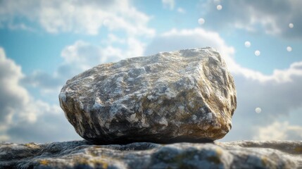 Large, grey boulder rests on rock, sky backdrop. Ideal for concepts of strength, resilience, or nature.