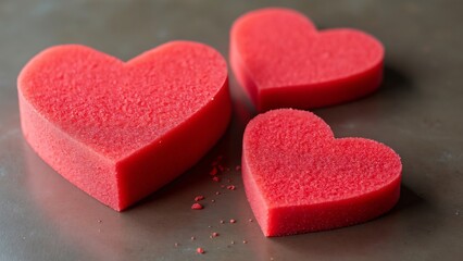 Obraz premium Three Red Heart-Shaped Sponges, One Large, Two Small, on Dark Table - Romantic Valentine's Day Concept