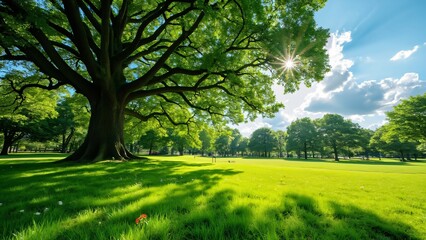 Fototapeta premium Serene Sunny Park, Lush Green Grass, Majestic Tree, Wide Angle View