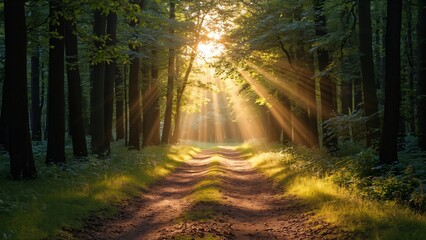 Naklejka premium Sunlit Forest Path, Magical Dirt Road Through Lush Trees, Golden Sunlight Rays
