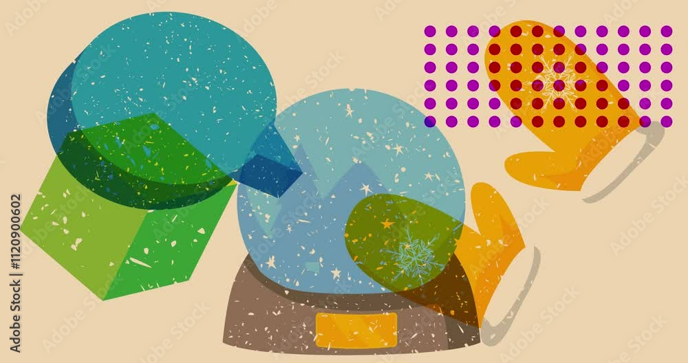 Poster risograph mitten glove and snow globe and speech bubble with geometric shapes animation. moving obje
