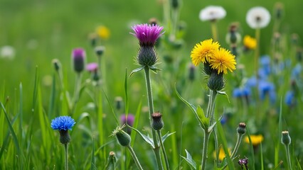 Fototapeta premium Vibrant Spring Meadow, Purple, Yellow & Blue Wildflowers in Lush Green Grass