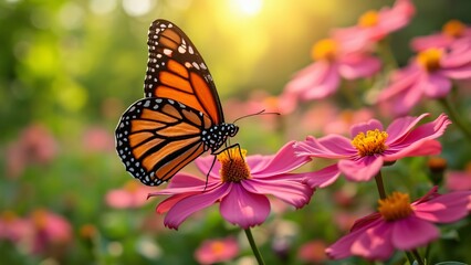 Naklejka premium Monarch Butterfly on Pink Cosmos Flower Macro Shot, Spring Garden Beauty