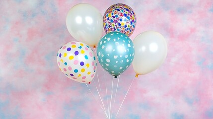 Five pastel balloons,  tied together, against a pink and blue background.