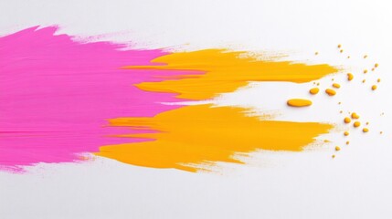Vibrant paint strokes in pink and yellow on a white background.