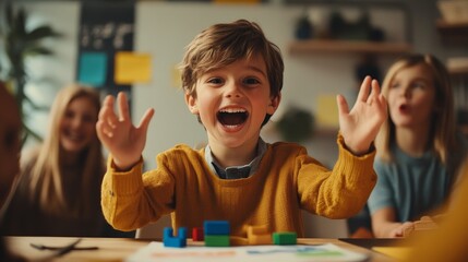 Excited boy presenting toy chart in classroom engaging environment creative learning experience