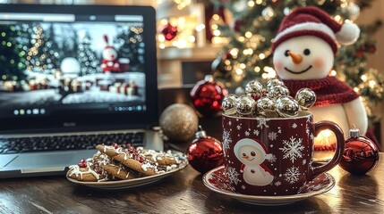 Naklejka premium Cozy Christmas Eve Laptop, Cookies, Hot Chocolate, and Snowman