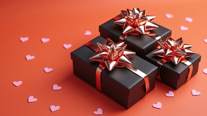 Romantic Valentine's Day Gift Boxes, Black Gift Boxes with Rose Gold Bows and Ribbons on Orange Background with Pink Hearts