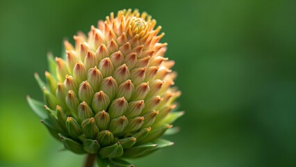 Fototapeta premium Close-up of Overblown Cone-Shaped Flower Bud About to Bloom with Unique Protrusions on Petals, Captured in Summer Nature with Natural Light
