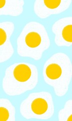 A playful pattern of cartoon-style fried eggs on a light blue background.