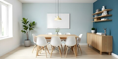 A modern dining room with a wooden table, white chairs, and a blue accent wall
