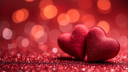 Fototapeta premium Romantic Red Fabric Hearts on Glitter, Valentine's Day Card Design