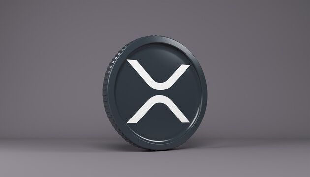 3d rendering of a round coin with the logo of the cryptocurrency Ripple (XRP) on a dark background - Business concept.