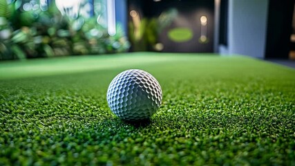 Indoor putting practice session with a golf ball on artificial turf in a cozy space