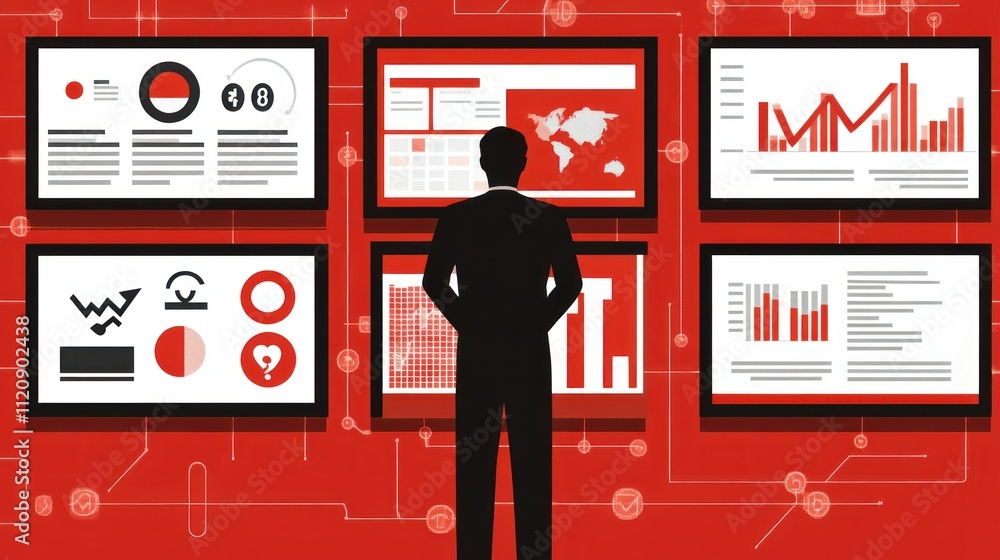 Poster a silhouette of a person analyzing data on multiple screens in a red-themed environment.