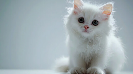 Fototapeta premium A white kitten with blue eyes is sitting on a white surface