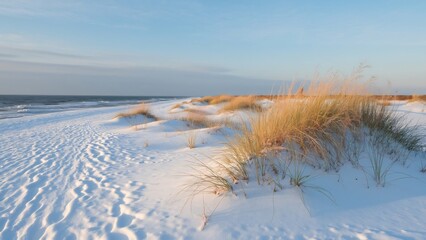 Fototapeta premium Winter Seascape, Snow-Covered Dunes at Słowiański Beach, Sejny, Poland