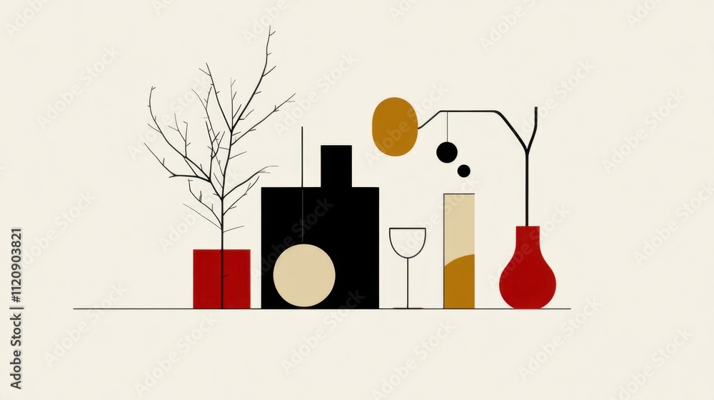 Poster everyday objects reimagined in minimalist line art, creating abstract compositions with elegance and